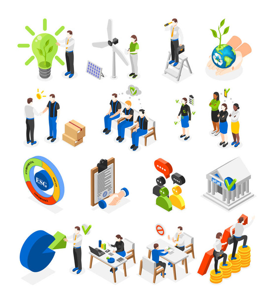 Esg environmental social governance concept isometric icons set with alternative energy sources corporate policy isolated vector illustration - Vector, Imagen