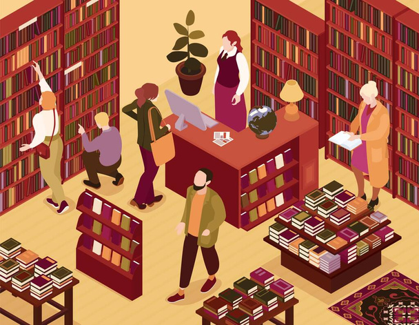 Isometriset ja värilliset kirjat kauppa kokoonpano kirjakauppa tilat kävijöitä ja kirjahyllyt vektori kuva - Vektori, kuva