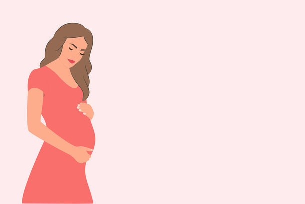  Banner about pregnancy with place for text. Pregnant woman, expectant mother hugs her belly with her hands. - Vector, Image