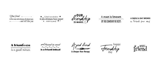 Collection of friends and friendship quotes handwritten with elegant calligraphic fonts. Set of decorative lettering or inscriptions isolated on white background. Design elements. Vector illustration - Vektori, kuva