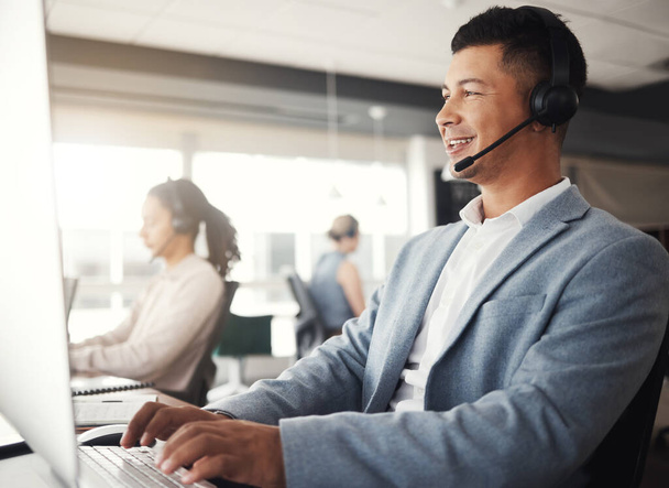 Customer support, happy consultant and man telemarketing communication on contact us CRM or telecom microphone. Call center administration, ecommerce ERP and information technology consulting online. - Foto, Imagem