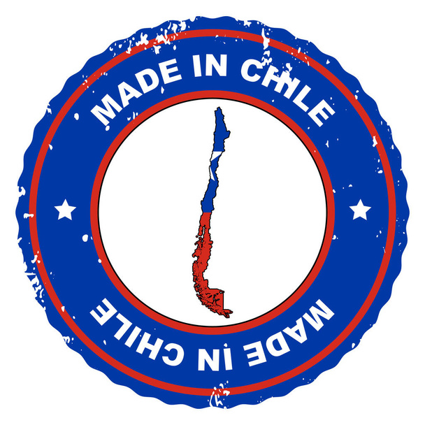 Retrotyylinen leima Made in Chile sisältää Chilen kartan ja lipun. - Valokuva, kuva
