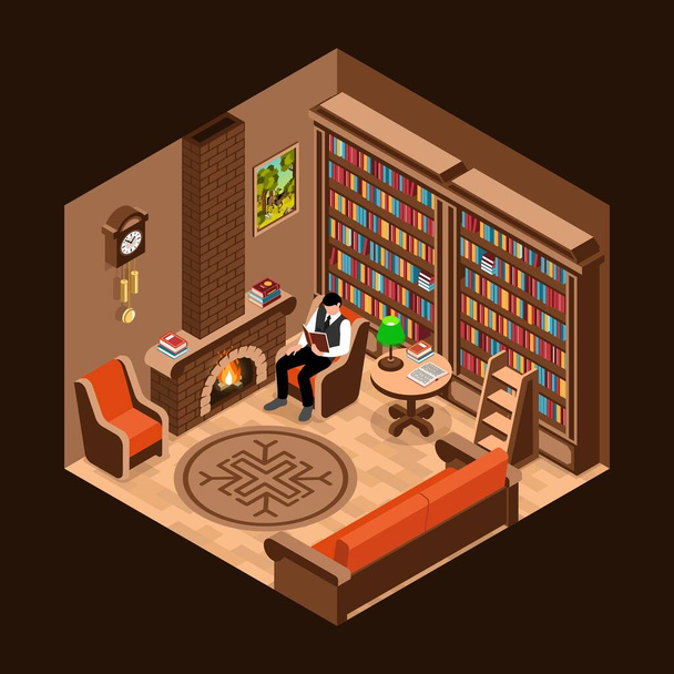 Изометрический интерьер библиотеки с книгой для чтения рядом с векторной иллюстрацией камина - Вектор,изображение
