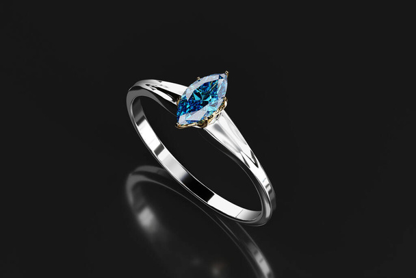 Bague en argent avec diamant bleu Marquise placé sur fond brillant rendu 3D - Photo, image