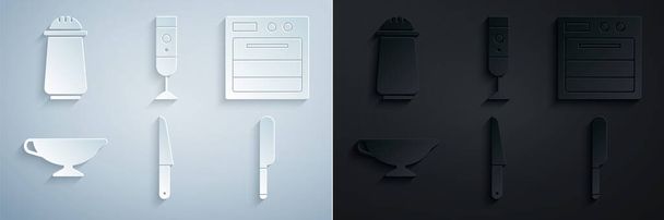 Set Knife, Oven, Sauce boat, Blender and Salt and pepper icon. Vector - Vector, afbeelding