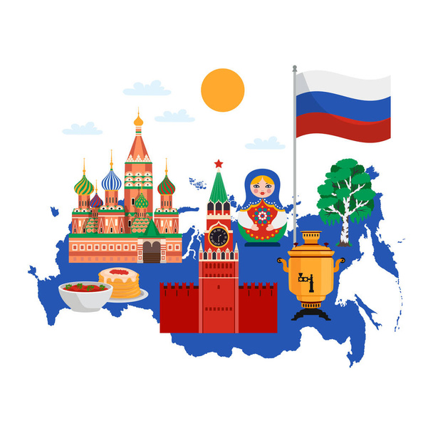 Venäjä matkustaa koostumus litteä kuvia Venäjän kansallisia stereotypioita ja maamerkkejä vektori kuva - Vektori, kuva