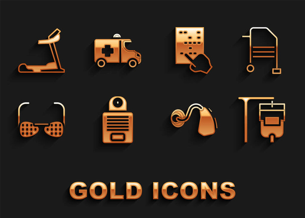 Set Intercom, Walker, IV bag, Hearing aid, Blind glasses, Braille, Treadmill machine and Emergency car icon. Vector - Vector, Image