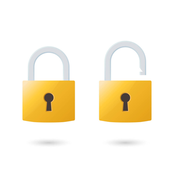 Locked and unlocked padlock vector illustration. Illustration of an isolated closed and open padlock on a white background. Suitable for design element of security protection. - Vektör, Görsel