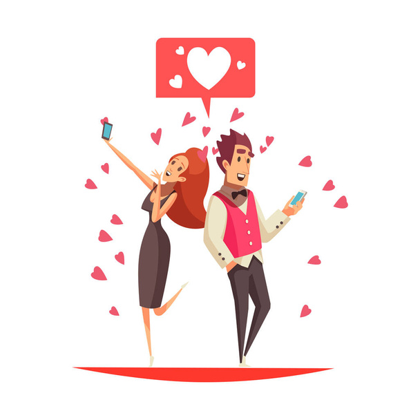 Virtuální a skutečné složení lásky online seznamovací aplikace piktogramů a lidí v ilustraci vektoru lásky - Vektor, obrázek