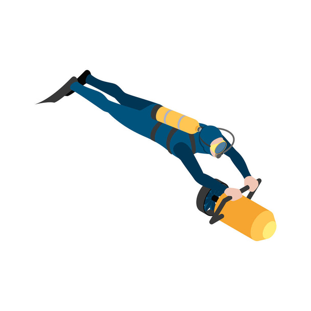 Scuba diving snorkelling isometric composition with isolated human character floating under water vector illustration - Vector, Image