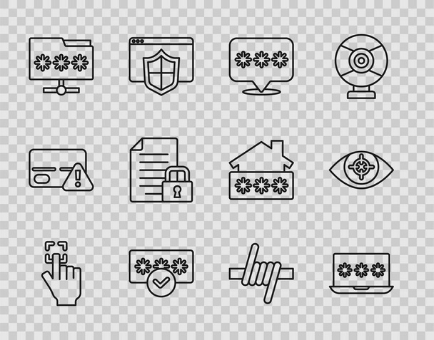 Set line Fingerprint, Laptop with password, Password protection, Folder, Document and lock, Barbed wire and Eye scan icon. Vector - Vecteur, image