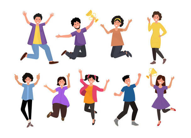 Happy people flat cartoon characters celebrating winning sports competitions or just in good mood isolated vector illustration - Vektor, kép