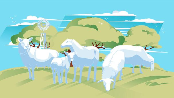 πρόβατα και αρνιά σε ένα πράσινο λιβάδι με φόντο τα δέντρα και το μπλε του ουρανού. Διανυσματική επίπεδη απεικόνιση. Γεωργία, γεωργία και κτηνοτροφία - Διάνυσμα, εικόνα