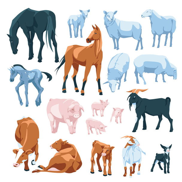 set of farm animals: sheeps, horse, cow, pig, goat Isolated on white background. Vector flat illustration. Agriculture, farming and cattle breeding - Vektor, kép