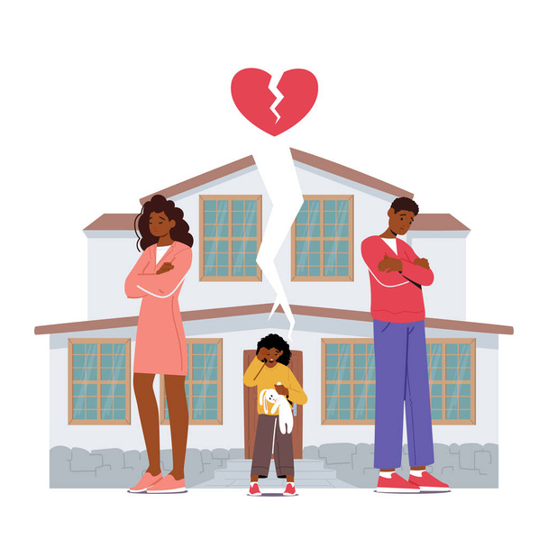 Heartbreaking Situation Of Child Witnessing A Marital Separation. Unhappy Kid Caught Between Quarreling Parents In Divorce Situation On Broken House Background. Cartoon People Vector Illustration - Vector, Imagen
