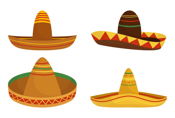 白の背景に隔離されたクラシックと伝統的なソムブレロ帽子のセット,メキシコのテーマのための要素.メキシコの豊かな文化と活気のある歴史の象徴。漫画ベクターイラスト - ベクター画像