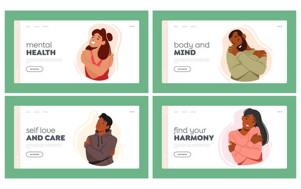 People Hugging Themselves Landing Page Template Set. Self-embrace, Importance Of Taking Care Of Oneself. Men and Women Characters Comfort And Solace Found In Self-love. Cartoon Vector Illustration - Vector, Imagen