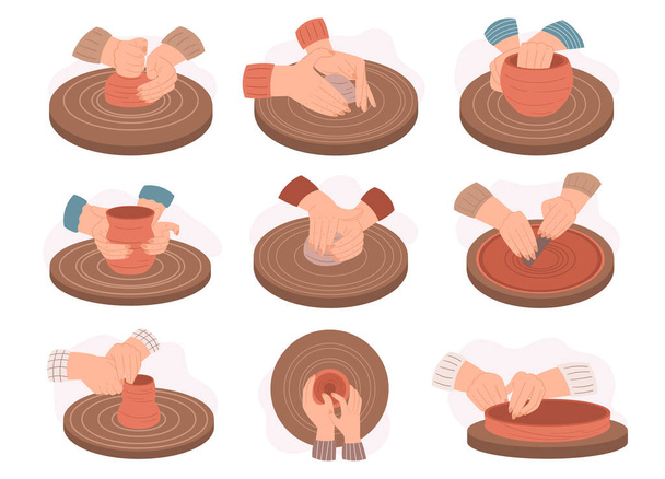 Set Craftsman Working On Pottery Wheel To Create A Handcrafted Pot. Different View Angles and Positions of Potter Molding Clay Isolated On White Background. Cartoon Vector Illustration - Vector, Image