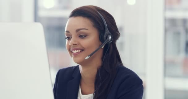 Call center, consulting and communication of business woman in telemarketing, customer service or contact us. Sales, crm and technical support with consultant in help desk agency for networking. - Video