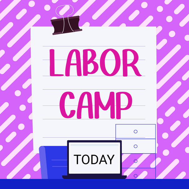 Conceptuele weergave Labor Camp, Woord Geschreven op een strafkolonie waar dwangarbeid wordt uitgevoerd - Foto, afbeelding