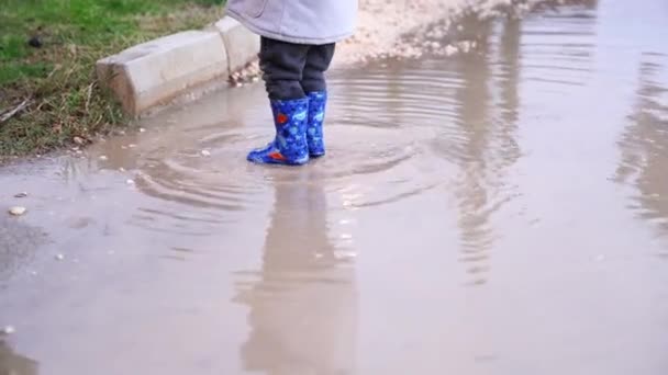 Petit enfant en bottes en caoutchouc marche dans une flaque d'eau. Images 4k de haute qualité - Séquence, vidéo