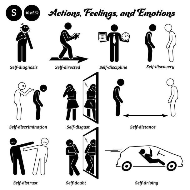 Stick figure human people man action, feelings, and emotions icons alphabet S. Self, diagnosis, directed, discipline, discovery, discrimination, disgust, distance, distrust, doubt, and driving. - Vector, imagen