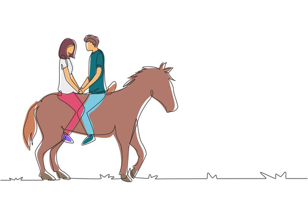 Eine durchgehende Linie zeichnet ein Paar, das bei Sonnenuntergang auf einem Pferd reitet. Glücklicher Mann macht Heiratsantrag an Frau. Verlobung und Liebesbeziehung. Einzeiliges Zeichnen Design Vektor Grafik Illustration - Vektor, Bild
