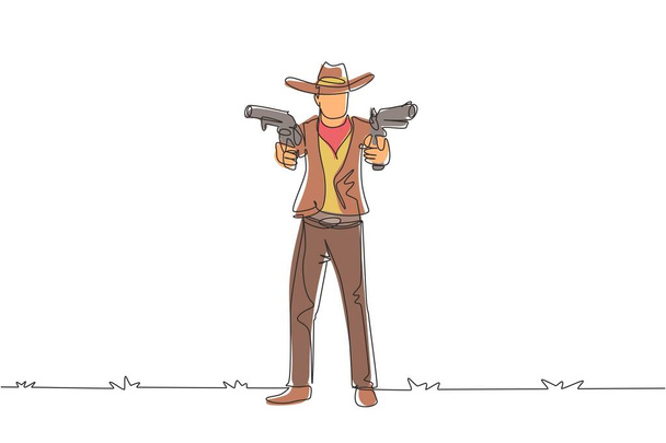 Una línea continua dibujando pistolero salvaje del oeste sosteniendo dos armas. Vaqueros americanos apuntando dos pistolas en el desierto. Armas para defensa propia. Ilustración gráfica vectorial de diseño de línea única - Vector, Imagen
