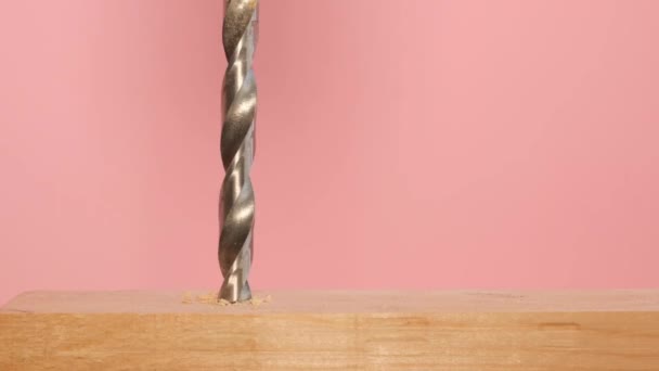Op een roze achtergrond, een boor tijdens het boren hout, close-up. Een glimmende metalen boor aan het werk. Langzame beweging - Video