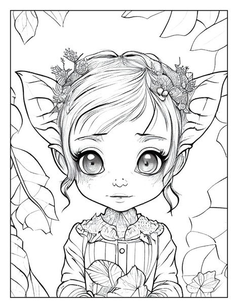 Christmas Anime Chibi Goblin Girls, Grayscale Line Art Drawing Illustration Coloring Page  - Photo, image