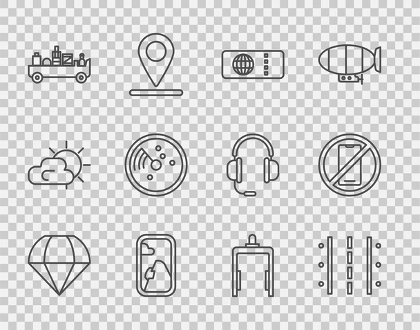 Set line Parachute, Airport runway, Airline ticket, Airplane window, luggage towing truck, Radar with targets on monitor, Metal detector airport and No cell phone icon. Vector - Vettoriali, immagini