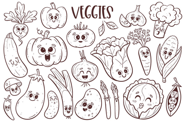 Cute kolekcji warzyw z kreskówek twarzy. Izolowane klisze bazgrołów. Ilustracja wektora. - Wektor, obraz