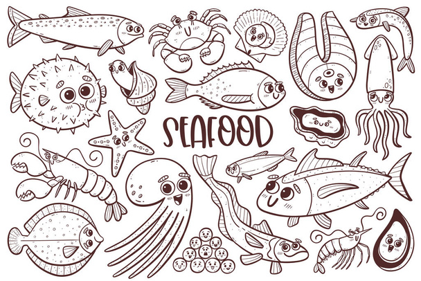 Nette Meeresfrüchte-Kollektion mit Cartoon-Gesichtern. Vereinzelte Doodle-Cliparts. Vektorillustration. - Vektor, Bild