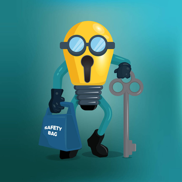 Bulb with key and safety bag character vector illustration - Vettoriali, immagini