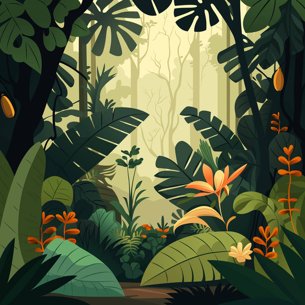 Viidakon trooppinen sademetsä. Trooppisia lehtiä, lehtiä, kukkia ja kasveja metsässä. Vektoriesimerkki - Vektori, kuva