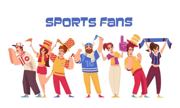 Sport fan icone dei cartoni animati con persone felici celebrando la vittoria della squadra isolato vettoriale illustrazione - Vettoriali, immagini
