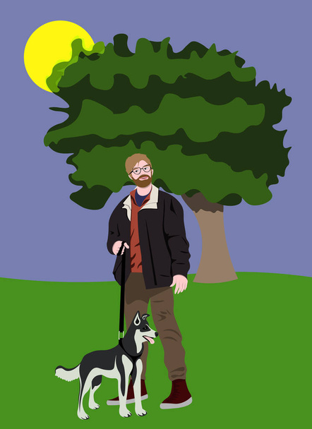男は天気の良い日に犬と一緒に歩く。平面形式のベクトルグラフィックス - ベクター画像