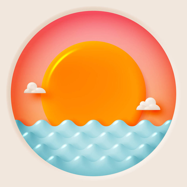 Yaz mevsimi için okyanus ve güneş ışığı 3d stilinde pastel renk şeması illüstrasyonu  - Vektör, Görsel