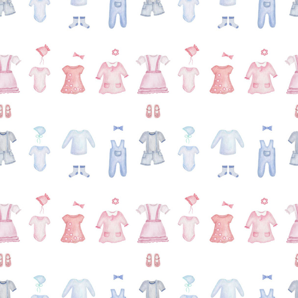 Watercolor seamless pattern. Hand painted illustration of children outfit: dress, shorts, t-shirt, socks, bodysuit, bonnet, shoes. Boy and girl clothes. Print on white background for fabric textile - Photo, Image
