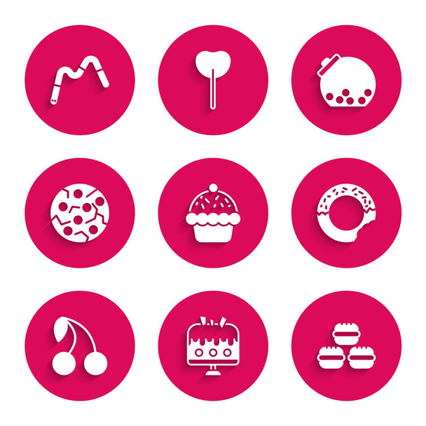 Set Cupcake, Cake on plate, Macaron cookie, Donut, Cherry, Cookie or biscuit, Glass jar with candies inside and Jelly worms candy icon. Vector - ベクター画像