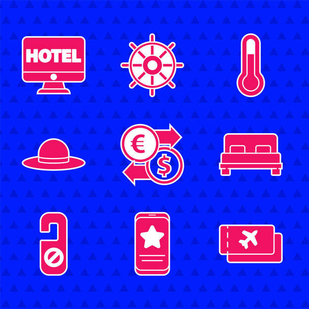 Set Money exchange, Mobile with review rating, Airline ticket, Big bed, Please do not disturb, Elegant women hat, Meteorology thermometer and Online hotel booking icon. Vector - Vector, Imagen