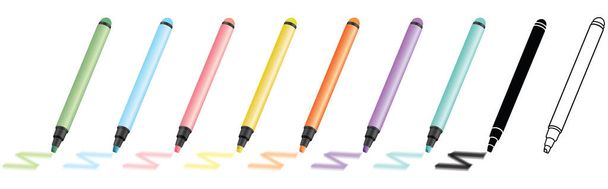 set of 9 highlighter marker sharpie pens for highlighting text in pink, yellow, green, blue, orange, purple, teal, including black silhouette glyph and outline icon isolated on white background - Vettoriali, immagini