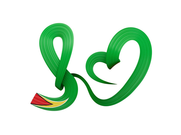 3次元ガイアナの旗、ハート型の緑の波の意識リボン白い背景、 3次元イラスト - 写真・画像