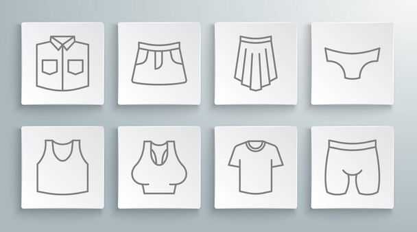 Set line Undershirt, Skirt, T-shirt, Cycling shorts, Men underpants and Shirt icon. Vector - Vettoriali, immagini