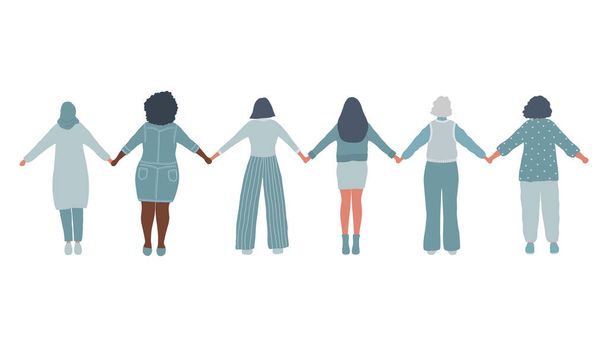 International Women's Day concept. Women are holding hands. Back view. Women's community. Female solidarity. Vector illustration. - ベクター画像