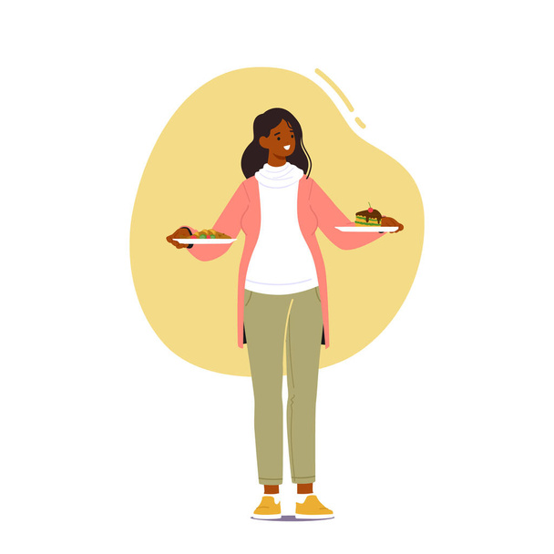 Беременная женщина делает выбор между здоровым и нездоровым питанием, стоящим на кухне с двумя тарелками питательных овощей или фруктов и сладких угощений. Вектор карикатурных людей - Вектор,изображение