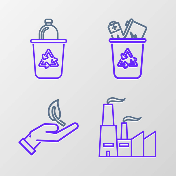 Set line Factory, Sprout en mano de protección ambiental, Papelera de reciclaje con símbolo e icono de reciclaje. Vector - Vector, Imagen