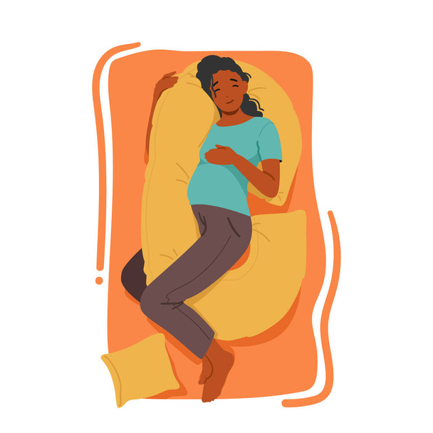 Bequeme und friedliche schlafende Schwangere, die sich mit speziellen Kissen ausruht, um ihre Beule zu unterstützen, Beschwerden zu verringern und eine gesunde Erholung zu fördern. Cartoon People Vektor Illustration - Vektor, Bild
