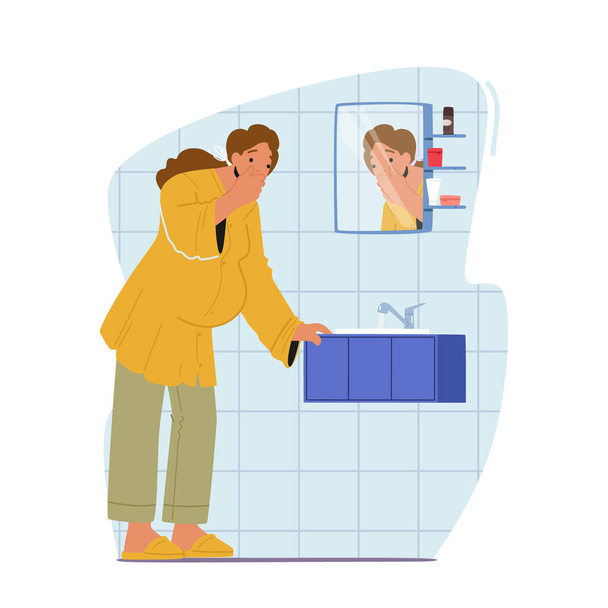 Pregnant Woman In Early Stages Of Pregnancy Experiencing Nausea and Intense Feeling Of Discomfort And Uneasiness Caused By Morning Sickness Standing In Bathroom. Cartoon People Vector Illustration - Vektor, obrázek