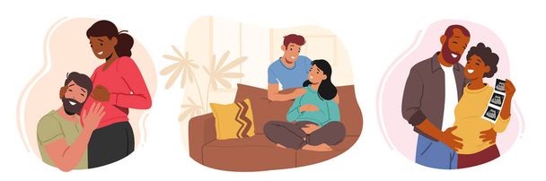 Happy Couples Waiting Baby. Future Parents Young Pregnant Female Characters with their Loving Husbands. Concept of Motherhood, Maternity, Family Relations. Cartoon People Vector Illustration - Wektor, obraz